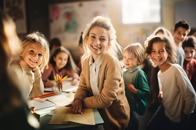 Foto foto van de leraar in de klas van de kleuterschool hoogwaardige foto