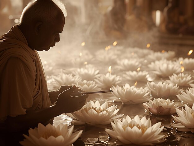 Foto van de lokale bevolking die tijdens Vesak in een boeddhistische tempel bidden in het festivalconcept.