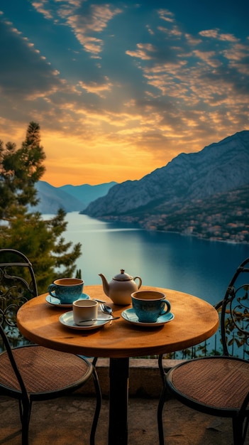 Foto van de ochtend natuur met thee of koffie kopje met prachtige bloemen en zonneschijn