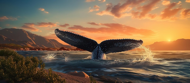 Foto foto van de staart van een blauwe vinvis boven water in de zee bij zonsondergang generatieve ai