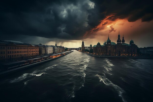 Foto van dramatische wolken boven een stedelijke rivier
