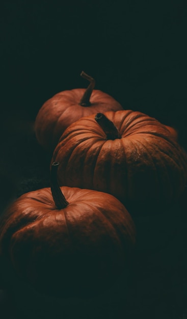 Foto van drie oranje pompoenen op zwarte achtergrond halloween-viering