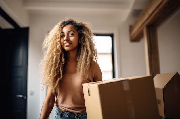 Foto van een aantrekkelijke jonge vrouw die een doos draagt terwijl ze naar haar nieuwe huis verhuist