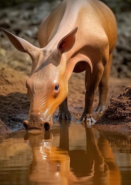 Foto van een aardvarken die geniet van een waterpoel