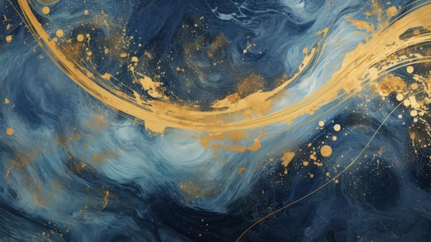 Foto van een abstract schilderij met levendige gouden en serene blauwe kleuren