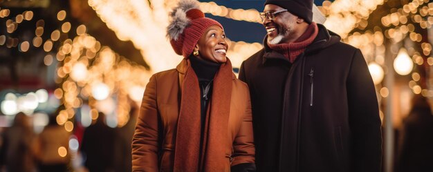 Foto van een Afrikaans-Amerikaans volwassen verliefd koppel dat 's nachts op kerstavond door de stad loopt Praat en lach en geniet van elkaars gezelschap Liefde en Kerstmis Feestelijke lichten op de achtergrond