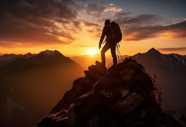 Foto van een alleenreizende wandelaar bovenop de bergheuvel met prachtige natuurachtergrond