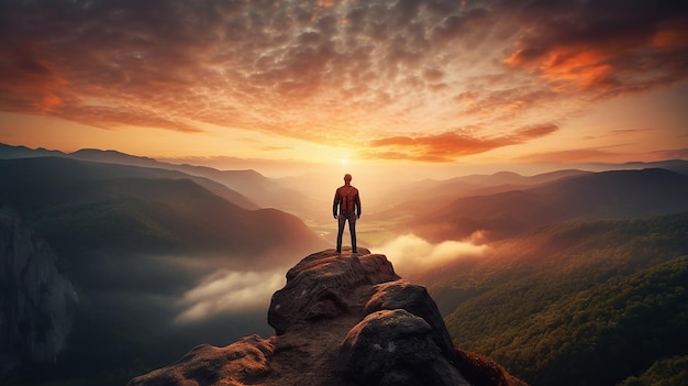 Foto foto van een alleenstaande man die op een bergtop of een rots staat