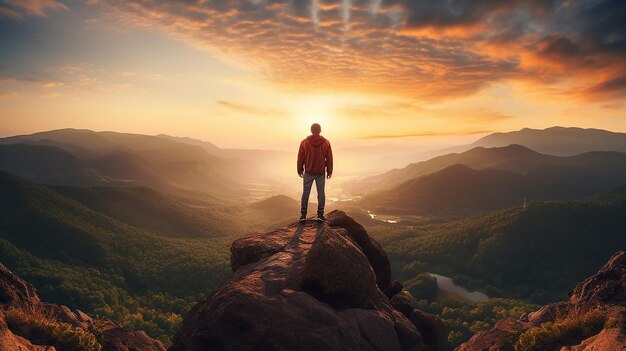 Foto foto van een alleenstaande man die op een bergtop of een rots staat