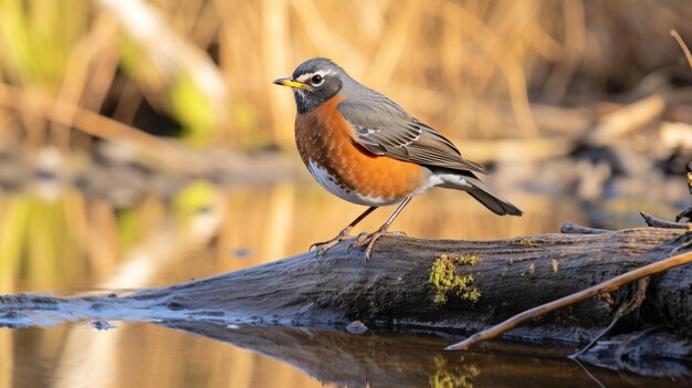 Foto van een Amerikaanse Robin die 's morgens op een gevallen boomtak staat