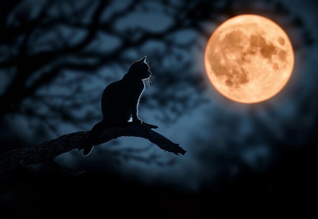Foto foto van een angstaanjagende kat die op een tak zit met een volle maan in de nachtelijke hemel erachter