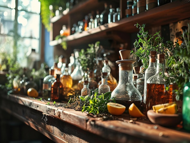 Foto van een aptecary plank vol potten en fles met homeopathische tinctuur en drankjes
