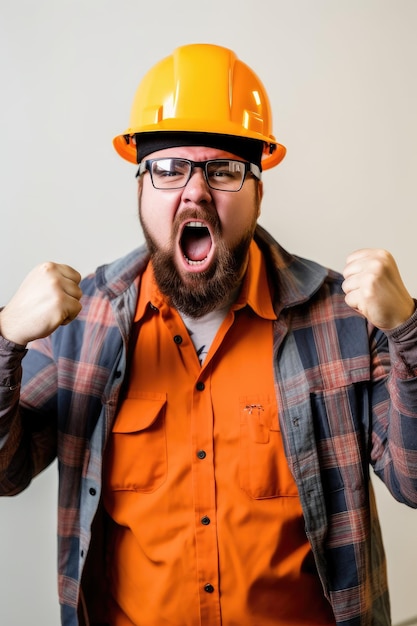 Foto foto van een arbeider met een helm die zich verheugt door hoera te zeggen