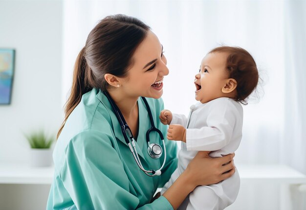 Foto van een arts kinderarts die de hartslag van een baby controleert