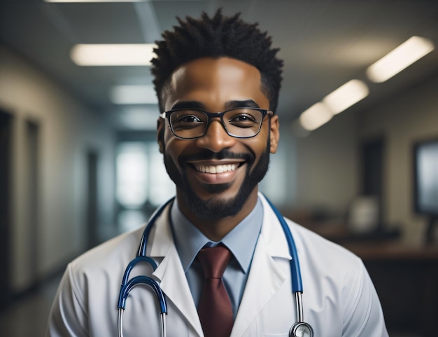 Foto van een arts met een bril en een jas die op doktersdag in een ziekenhuis staat met generatieve ai