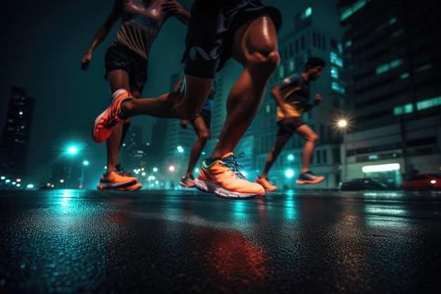 Foto van een atleet die 's nachts voor bokehlichten jogt in de stad Generative AI