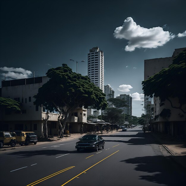 Foto van een auto die door een drukke stadsstraat rijdt met torenhoge wolkenkrabbers op de achtergrond AI