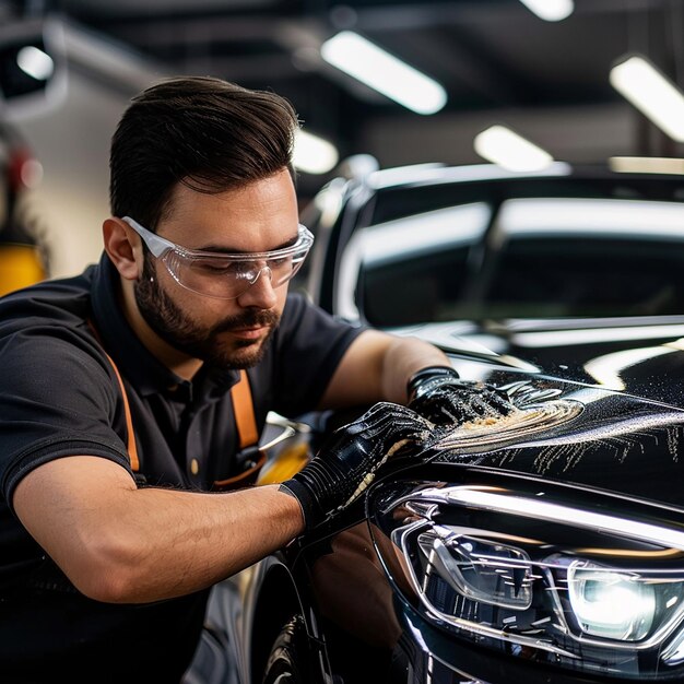 Foto van een autodetailleur die de buitenkant van een auto waxt en poetst