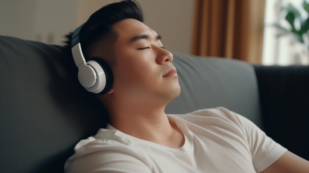 Foto van een Aziatische man die thuis rust en naar muziek luistert