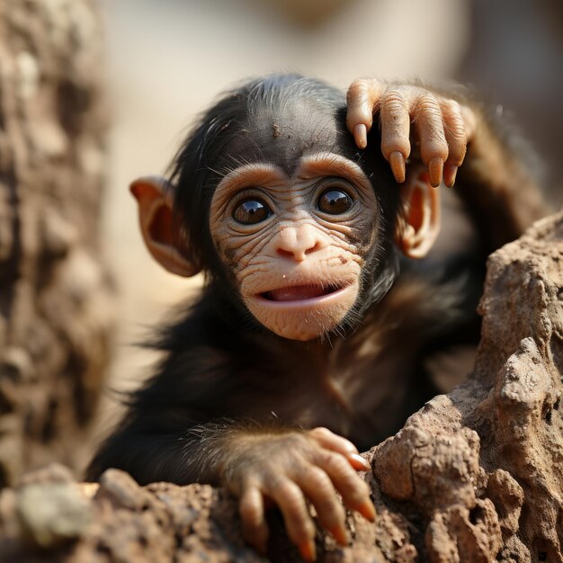 Foto van een baby chimpansee die leert klimmen