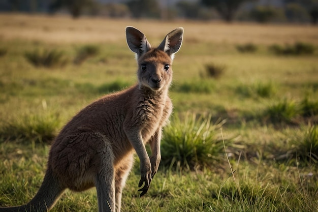 Foto van een baby kangoeroe die op een grasveld staat met een wazige achtergrond