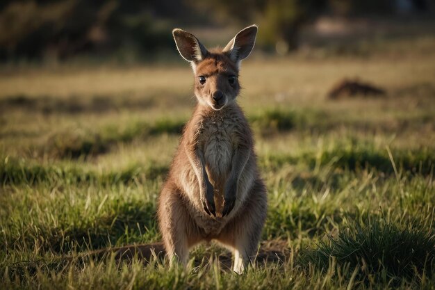 Foto foto van een baby kangoeroe die op een grasveld staat met een wazige achtergrond