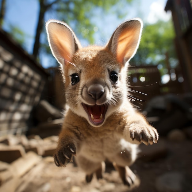 Foto van een babykangoeroe die zijn hop oefent Genatieve AI