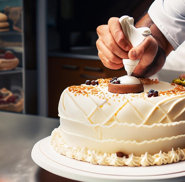 foto van een banketbakker die vakkundig een mooie en ingewikkelde cake versiert