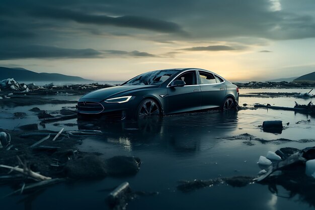 Foto van een beschadigde auto in het overstromingswater