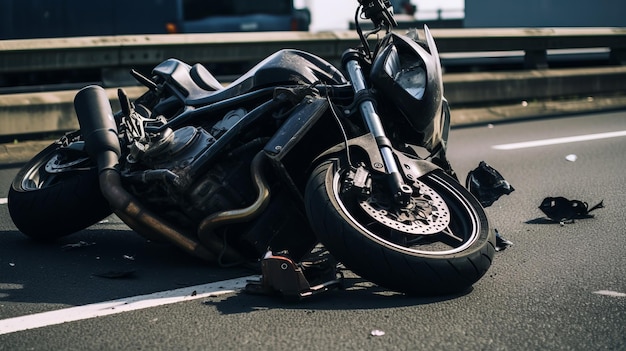 Foto van een beschadigde motorfiets na een ongeluk op de snelweg