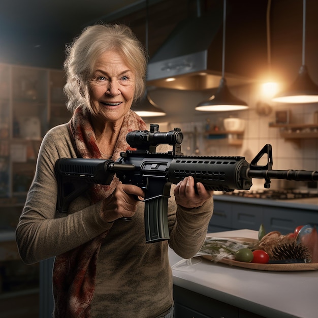 Foto van een blanke vrouw van middelbare leeftijd in een keuken met wapen