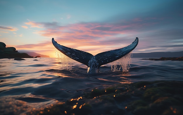 Foto van een blauwe dolfijnstaart over water in de zee