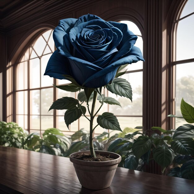 Foto van een blauwe roos in een pot op een tafel in een kamer vol planten