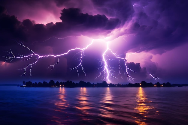 foto van een bliksemstorm over de zee