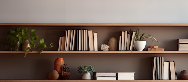 Foto van een boekenplank vol boeken en planten die een gezellige en uitnodigende sfeer creëren met kopieer...