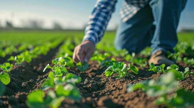 Foto van een boer die rijen pas ontkiemde zaden inspecteert