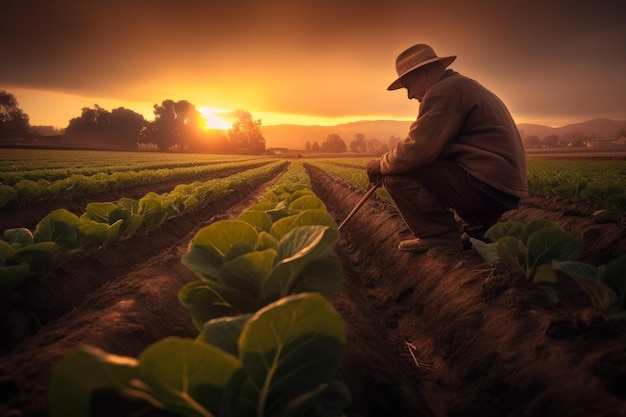 Foto van een boer die sla plukt uit zijn tuin Afbeelding van een zeer grote slaplantage Foto bij zonsondergang Afbeelding gemaakt met AI