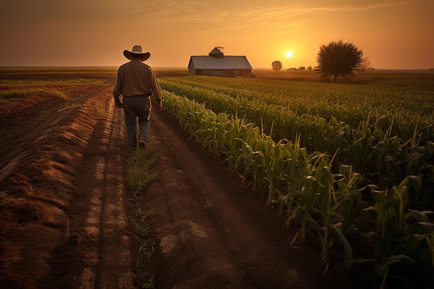 Foto van een boer die sla plukt uit zijn tuin Afbeelding van een zeer grote slaplantage Foto bij zonsondergang Afbeelding gemaakt met AI