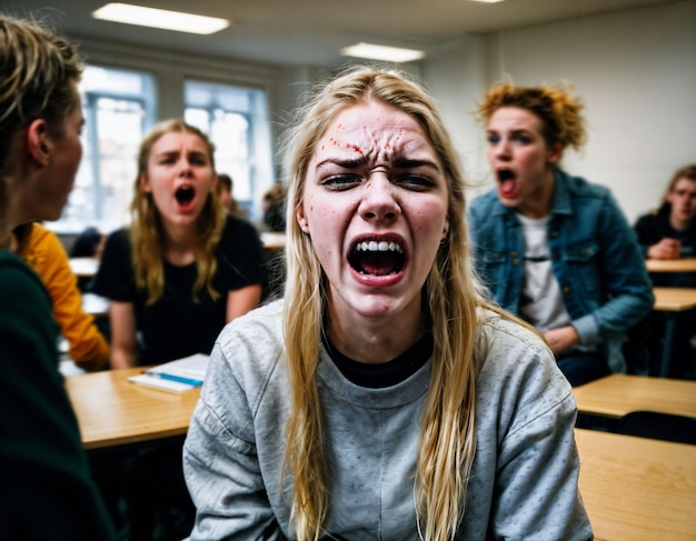 foto van een boos tienermeisje op school generatieve AI