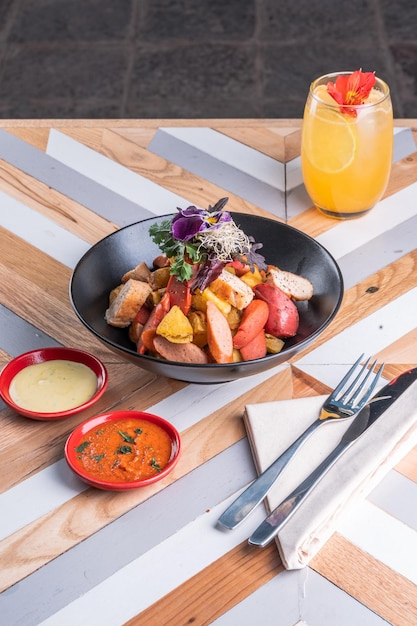 Foto van een bord salchipapa op een restauranttafel Door Yuri Ugarte Cespedes