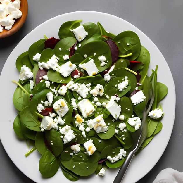 Foto foto van een bord spinachsalade met feta kaas en feta kaas achtergrondbeeld