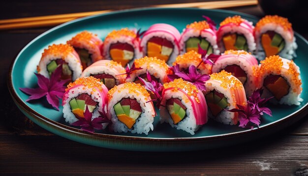 Foto foto van een bord sushi met een verscheidenheid aan verschillende smaken