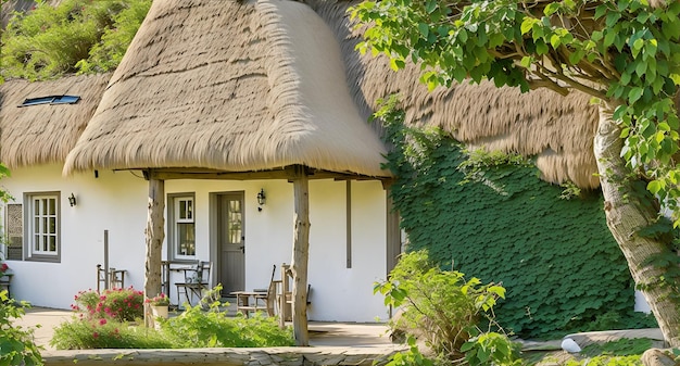 Foto van een charmant wit huisje met een rieten dak in een schilderachtig groen landschap