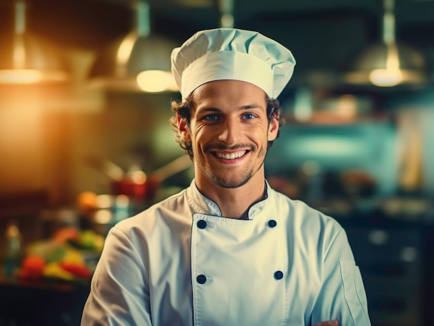 foto van een chef-kok die glimlacht naar de camera keuken achtergrond met kopieerruimte gegenereerd door AI