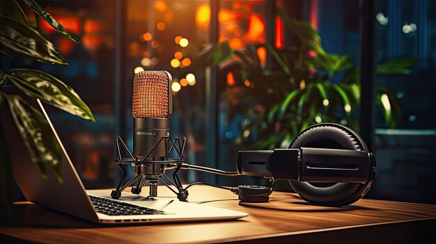 Foto van een close-up van een microfoon op een bureau in een gezellige moderne podcast studio kamer met een laptop pc en andere apparaten en gadgets.