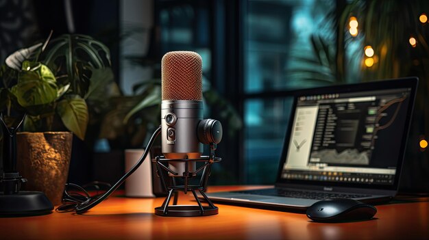 foto van een close-up van een microfoon op een bureau in een gezellige, moderne podcaststudio