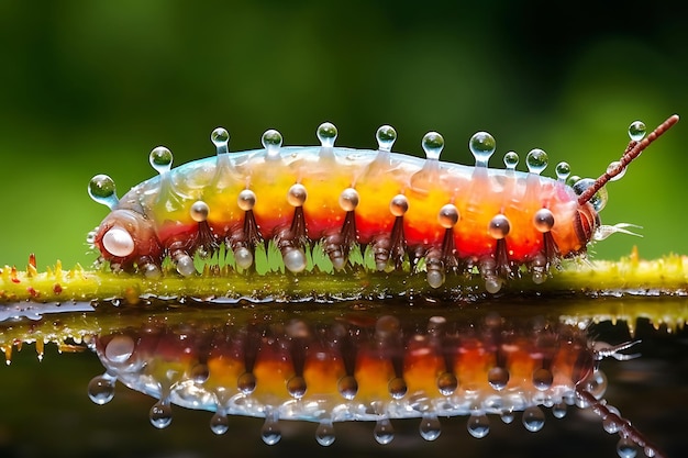 Foto foto van een close-up van een rups op een dauwrijke ochtend