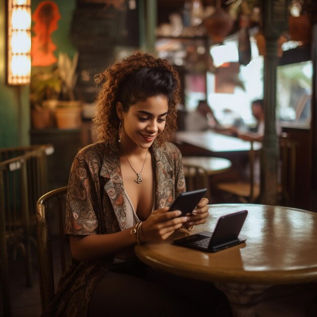 Foto van een Colombiaanse vrouw die een gadget gebruikt