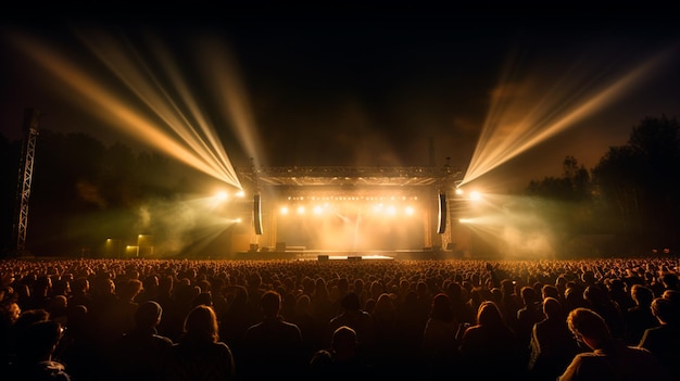 Foto foto van een concertpodium met publiek en veel licht