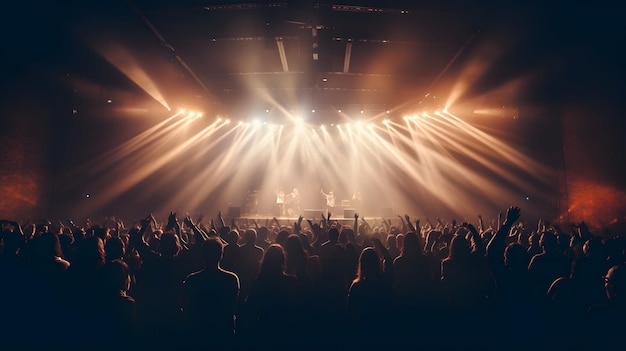 Foto van een concertzaal met silhouetten van mensen die klappen voor een groot podium verlicht door schijnwerpers